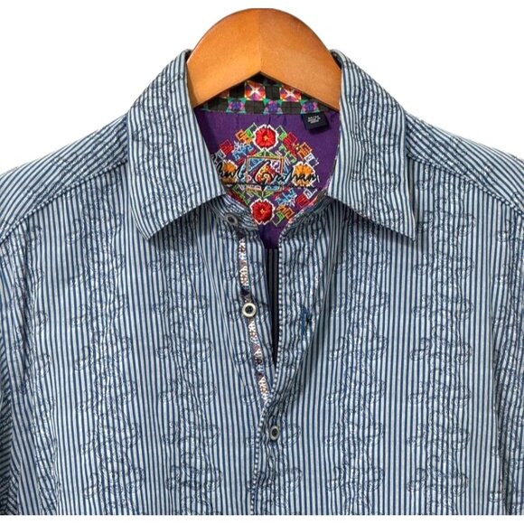 Robert Graham Button Down Shirt Blue Gray Striped Paisley Contrast Cuffs Size M - Picture 2 of 10